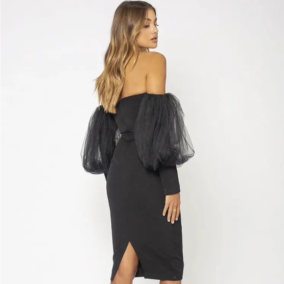 Bodycon black bandage dress or cocktail dress with puff mesh sleeves - Picture 2 of 6